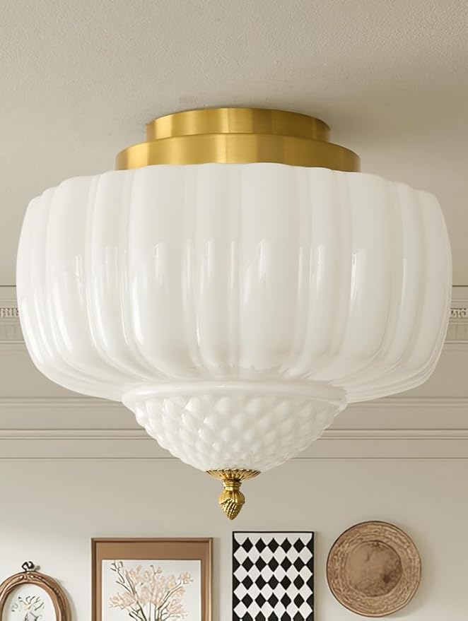 14 inch Vintage Semi Flush Mount Ceiling Light Gold Schoolhouse Ceiling Light Fixture Mid Century Milk Glass Ceiling Lamp for Kitchen Restaurant Bedroom and Hallway(White)