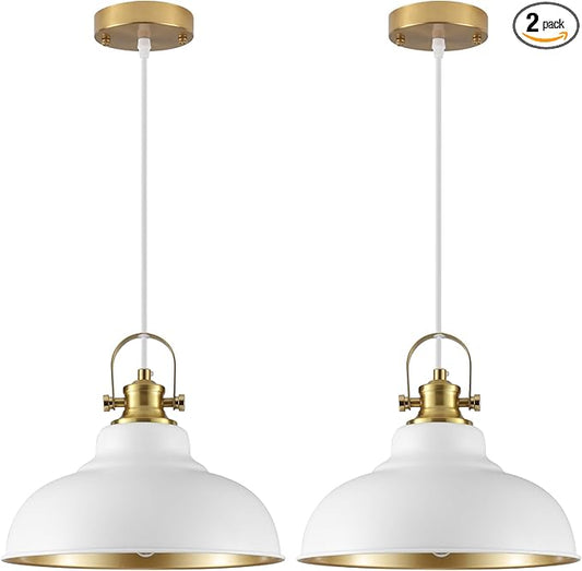White and Gold Pendant Light, 11.41 Inch Dome Pendant Lights, Industrial Pendant Light Kitchen Island, Farmhouse Pendant Lights 2 Packs, Island Pendant Lights for Kitchen, Dining Room, Living Room
