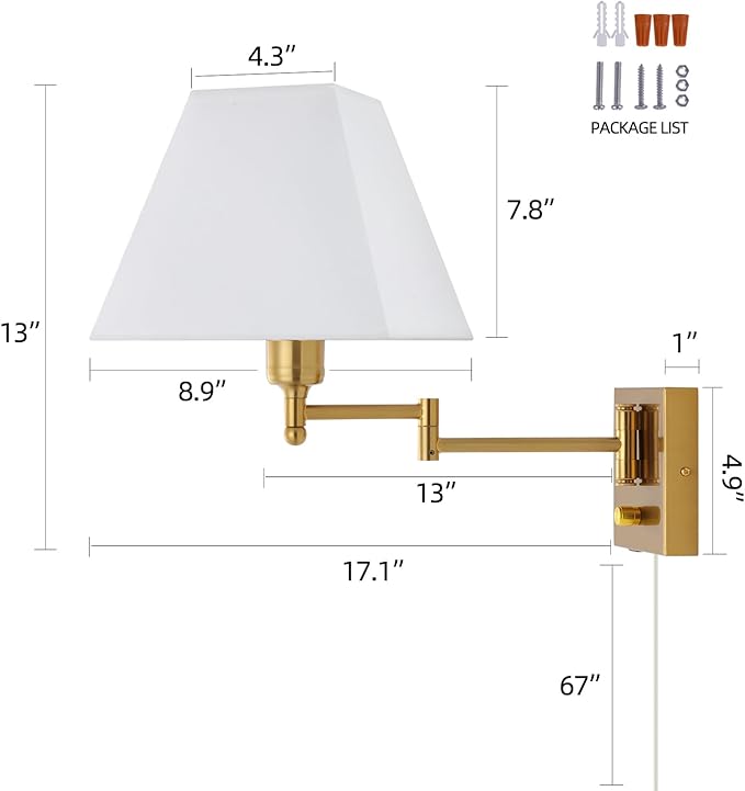 Wall Mounted Lamp Plug in Wall Sconce with Dimmable Switch Swing Arm Wall Lamp Whire Fabric Shade with USB Port Gold Wall Sconce Suitable for Hallway Bedroom Living Room…