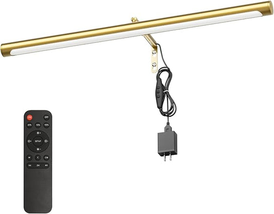 9W Picture Light Plug in, 24" Adjustable LED Art Light with Remote Control, Dimmable Wall Light for Picture Display Dartboard Art Work (Gold)