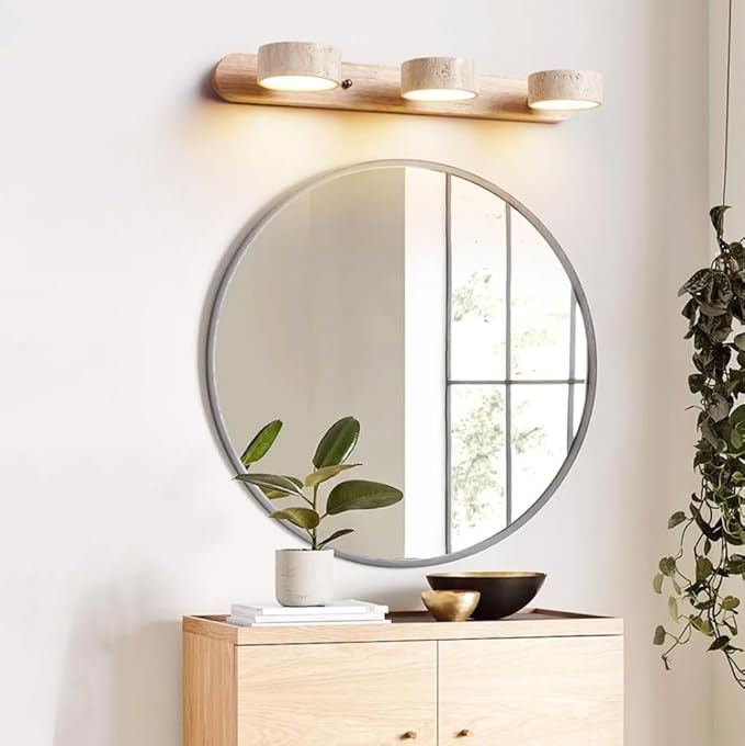 Farmhouse Wood Vanity Light Fixture Nordic Style Stone Wall Lamp Natural Travertine Shade Linear Bathroom Wall Sconce 3 Lights Rotatable LED Wall Light Over Mirror - Natural Wood Color