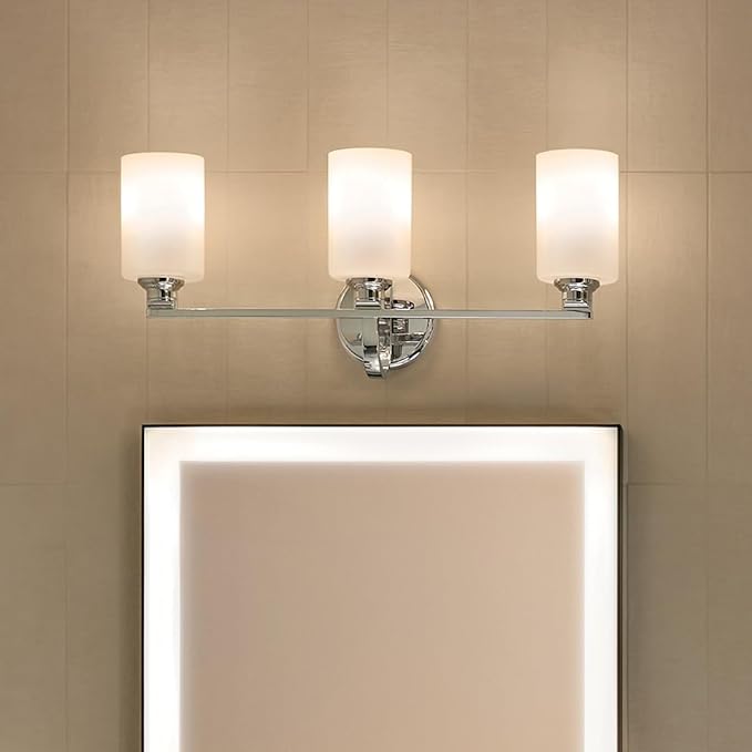 Kichler Gioe 24.25" 3-Light Bathroom Vanity Light Fixture with Opal Glass in Chrome, Damp Rated Modern Wall Mount for Mirror, Powder Room (24.25" W x 10.5" H), 55226CH