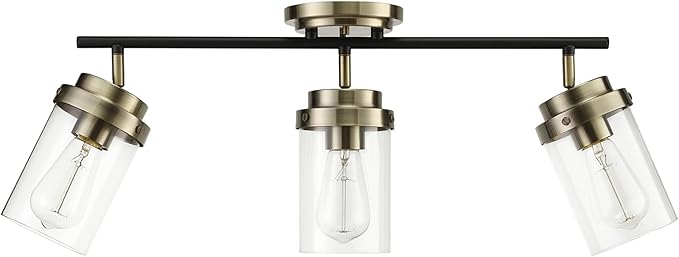 GLOBE Electric 59673 3-Light Track Lighting, Antique Brass, Matte Black Bar, Clear Glass Shades, Lighting for Kitchen, Bathroom, Bedroom, or Dining Room, Living Room Ceiling Lights, Light Fixture