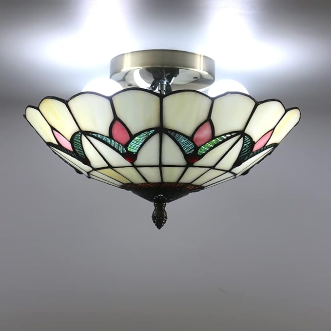 16 Inch Vintage Chandeliers Light Tiffany Style Ceiling Light Stained Glass Flush Mount Ceiling Lighting Fixture Lamp (16 Inch 40CM Y)