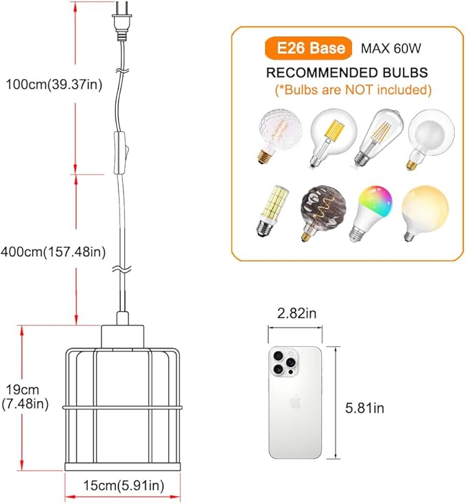 Black Plug In Pendant Light For Ceiling, Hanging Light Fixture With 16.4ft Plug In Cord, Adjustable Cage Plug In Hanging Lamp With Clear Glass Shade, Small Swag Light Fixture For Bedroom