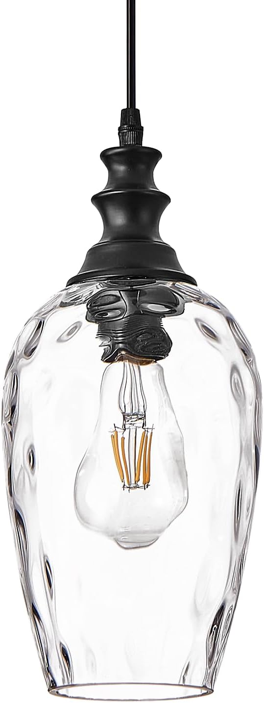 Glass Pendant Lights for Kitchen Island 2 Pack, E26 Modern Black Pendant Light Fixtures with Hand Blown Glass, Adjustable Farmhouse Hanging Light for Dining Room, Entryway & Over Sink Lighting