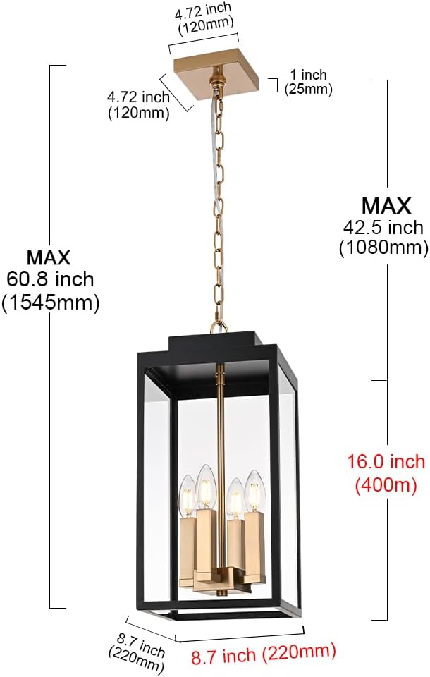 MELUCEE Large Outdoor Lantern Pendant Lights Outdoor Chandelier Black Brass, 4-Light Farmhouse Pendant Light Exterior Ceiling Mount Hanging Lantern with Clear Glass for Porch Entrance Gazebo