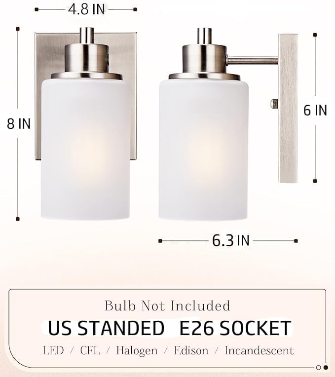 3 Pack Modern Bath Vanity Light Fixture 1-Light, Indoor Bathroom Wall Sconces for Living Room, Porch, Bedside, Brushed Nickel Finish with White Frosted Glass Shades Wall Mounted Lights