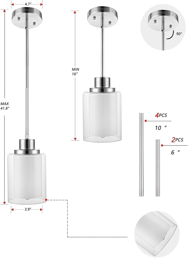 1-Light Mini Pendant Light Fixtures, 3 Pack Modern Brushed Nickel Hanging Ceiling Light with Dual Glass, Adjustable Height