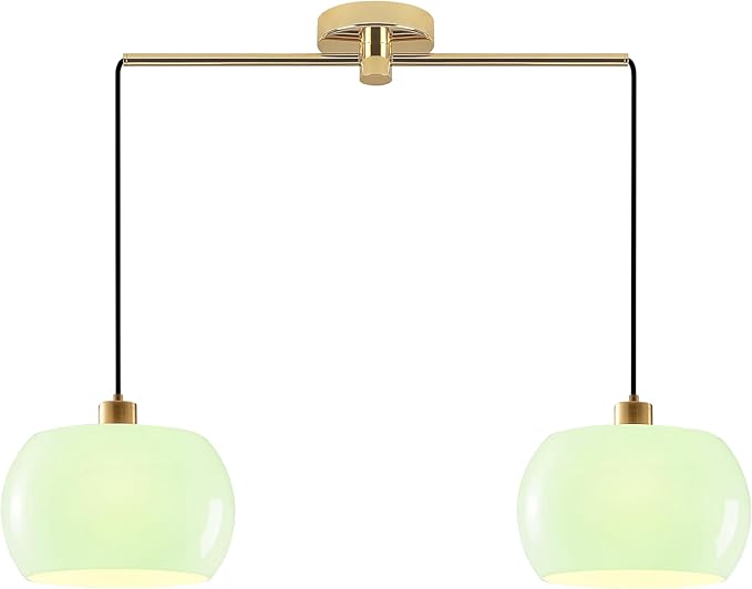 Mid Century Vintage Gold Pendant Light, 2-Light Adjustable Hanging Fixture with Green Glass Dome Shade, Farmhouse Chandelier for Kitchen Island Dining Room