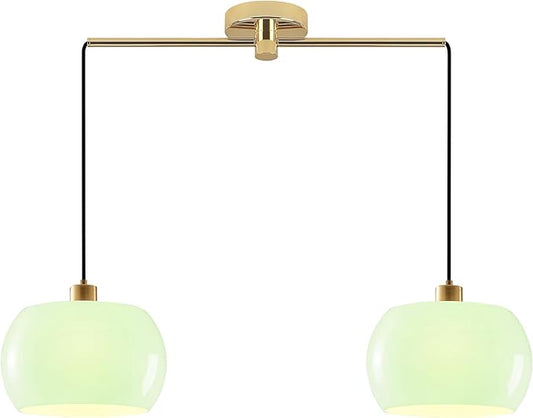 Mid Century Vintage Gold Pendant Light, 2-Light Adjustable Hanging Fixture with Green Glass Dome Shade, Farmhouse Chandelier for Kitchen Island Dining Room