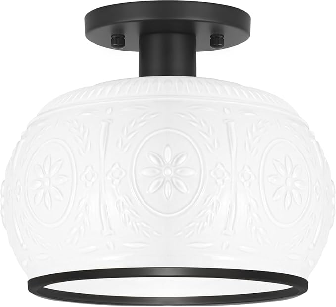 Matte Black Semi Flush Mount Ceiling Light with Milk Glass Shade, Hallway Lighting Fixtures, Vintage Ceiling Light for Kitchen, Bedroom, Closet, Entryway, Porch