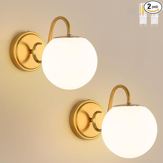 2-Pack Wall Sconce for Bathroom, Vintage Brushed Gold Vanity Lights, Wall Mount Light Fixtures With Milk Glass Globe Shade, Indoor Wall Lights Fixture for Bedroom Living Room Mirror Hallway(G9 Incl.)