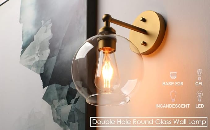 Yosoan Brass Boho Vanity Vintage Gold Bathroom Wall Sconce, Indoor Hardwired Wall Mounted Industrial Fixture Lights with Double Hole Round Glass Lamp for Mirror, Living Room, Hallway(Antique)