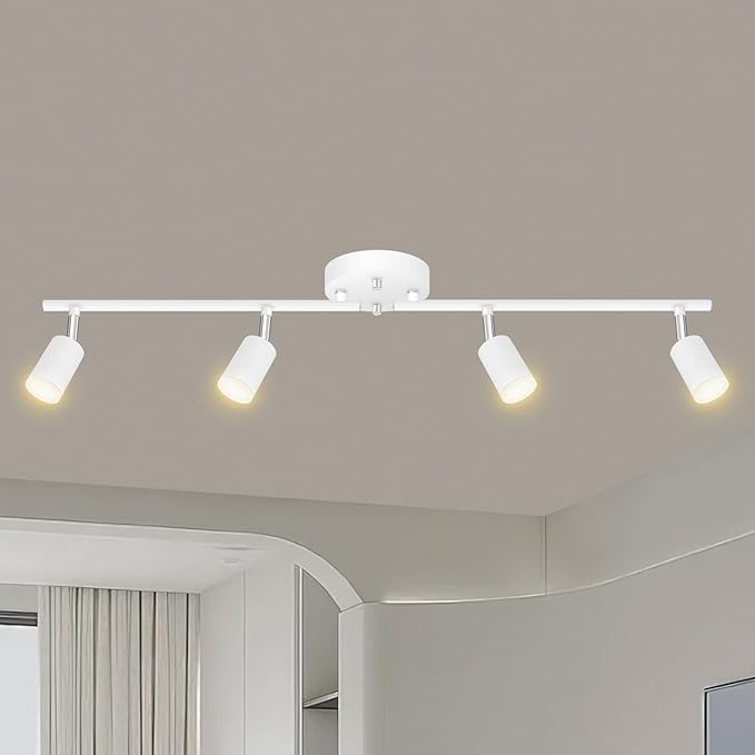 AUQUEE 4 Light Track Lighting Fixtures Ceiling, 16W/2700K White Track Lighting with Acrylic Lampshade & Rotatable Light Heads, 20000hrs Lifespan, Modern LED Track Lights Ceiling for Kitchen/Hallyway