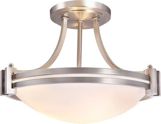Bektas Semi Flush Mount Ceiling Light Fixture 16inch Brushed Nickel Flush Mount Ceiling Light with Milk Glass for Bedroom Kitchen Bathroom Hallway Foyer Living Room Dinning Room Hall Entryway