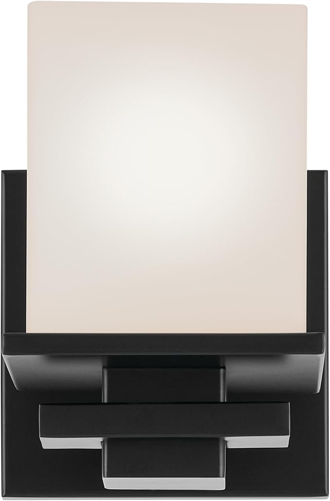 Kichler Tully 6.5" 1-Light Wall Sconce with Satin Etched Cased Opal Glass in Black for Vanity, Living Room, Dining Room, Bedroom, Laundry Room, Mudroom, Hallway, Stairwell (6.5 x 5 x 7"), 45149BK