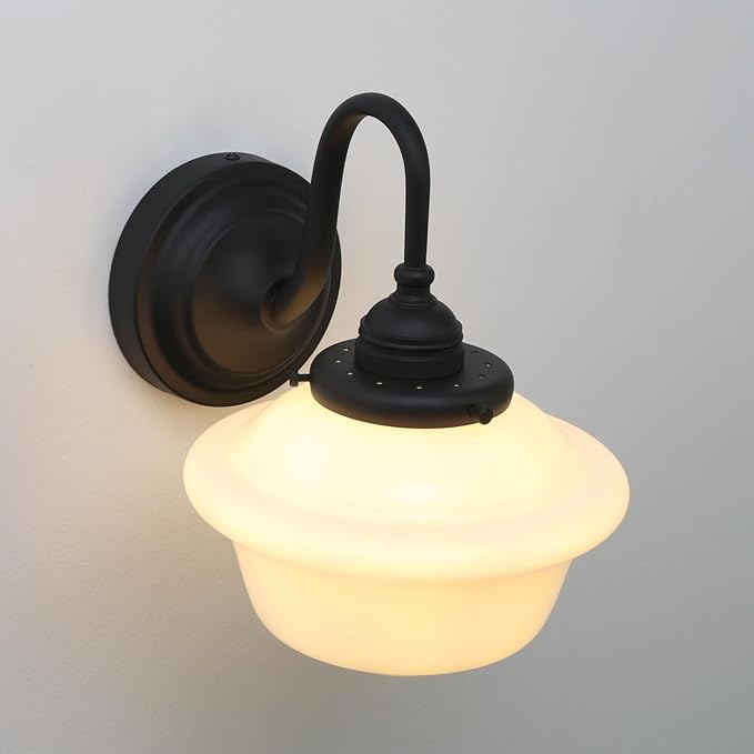 Pathson Vintage Wall Sconce with Milk White Glass, Hardwired Swan-Neck Wall Vanity Light Bathroom Sconce Fixture for Living Room, Foyer, Loft, Bedroom, Farmhouse Lamp