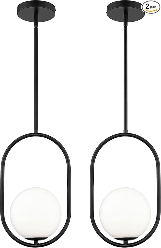 AUTELO 2 Pack Pendant Lights Kitchen Island, Matte Black Glass Pendant Lights with Milky White Globe Hanging Lamp, Adjustable Rods for Kitchen Bar Dining Room, H9376 MGBK-2PK