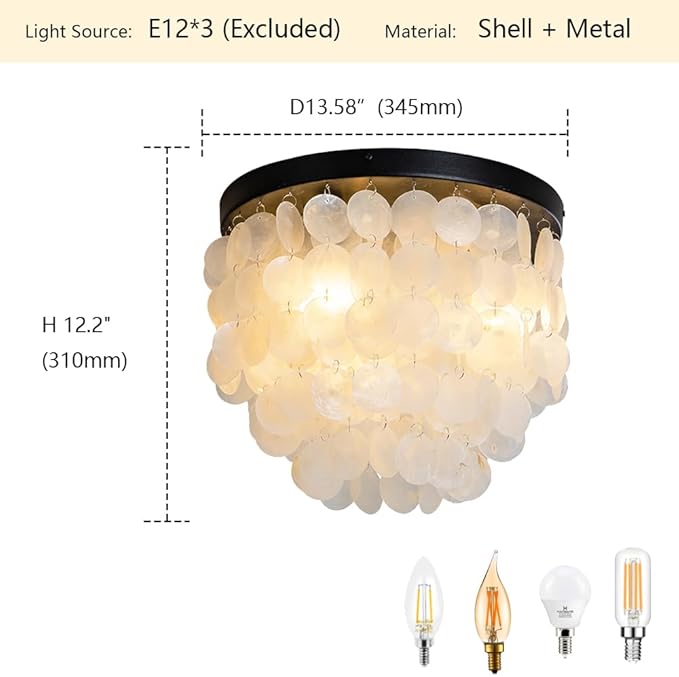 Capiz Shell Ceiling Light Fixtures, 3-Light Boho Flush Mount Ceiling Light for Living Room, Bedroom, Kitchen Island, Foyer, Entryway, Black