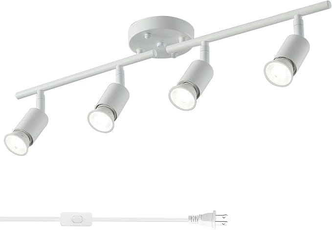 4 Light White Plug in Track Light White Plug in Ceiling Lighting Fixture with 16.4' Long Cord,4 Way Ceiling Spotlight,Rotatable Wall Mount Light Head