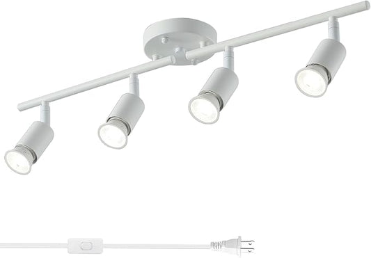 4 Light White Plug in Track Light White Plug in Ceiling Lighting Fixture with 16.4' Long Cord,4 Way Ceiling Spotlight,Rotatable Wall Mount Light Head
