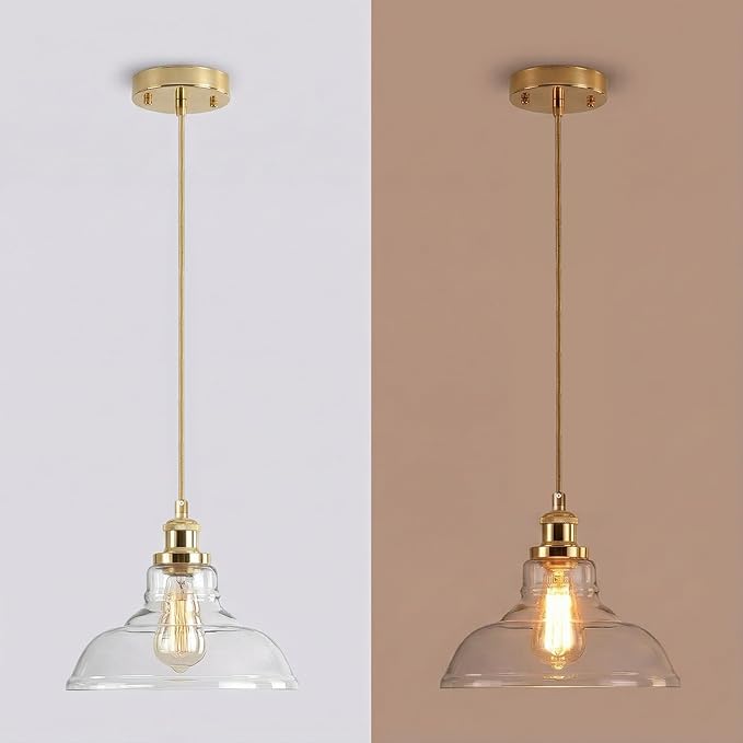 GLADFRESIT 3 Packs Industrial Pendant Lights, Vintage Hanging Light Over Table, Clear Dome Glass Lampshade, Golden Lamp Head and Base, Adjustable Hanging Height Lighting Fixtures.