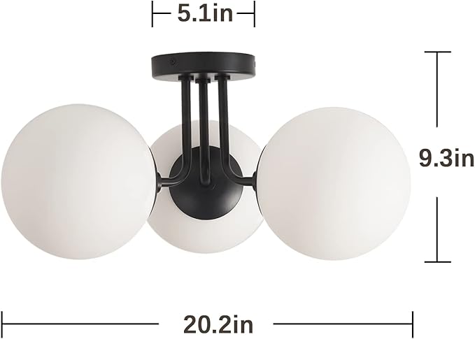 Soft Black 3 Lights Semi Flush Mount Ceiling Light Fixture, Frosted Glass Shade Vintage Close to Ceiling Light Fixture, Modern Flush Mount Light for Bedroom, Living Room Chandelier Lighting