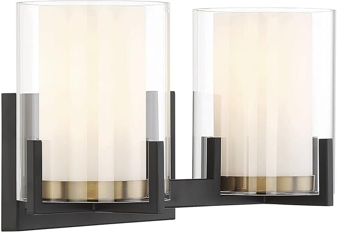 Savoy House 8-1977-2-143 Eaton Traditional Clear/White Opal Chimney Glass Bathroom Vanity, 2-Light 120 Total Watts, 8" H x 15" W, Matte Black & Warm Brass Accents