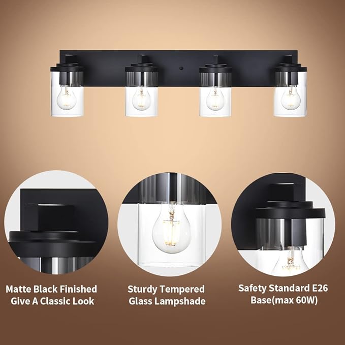 BONLICHT Modern Wall Bathroom Vanity Light Fixture 4 Light Black Metal with Clear Glass Shade,Industrial Vintage Farmhouse Wall Mount Lighting Sconce Bath Lighting Over Mirror for Kitchen Hallway