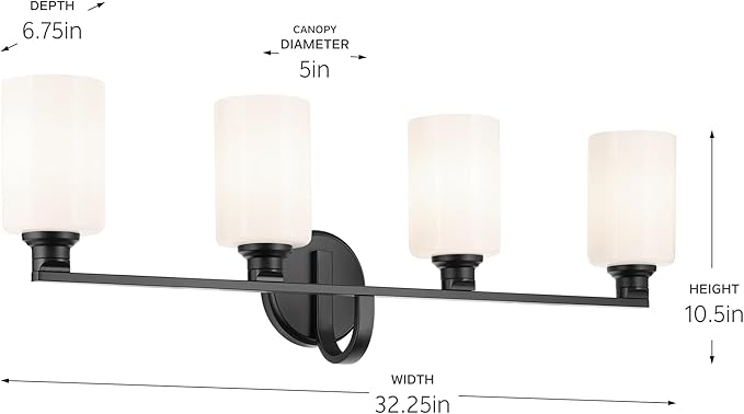 Kichler Gioe 4-Light Bathroom Vanity Light Fixture with Opal Glass in Black, Modern Wall Mount Over Mirror Lighting for Powder Room (32.25" W x 10.5" H), 55227BK