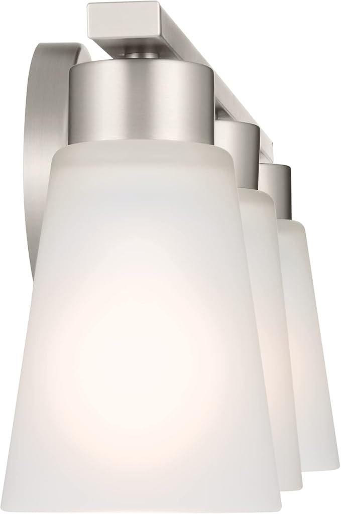 Kichler Stamos 3-Light Bathroom Vanity Light Fixture with Satin Etched Glass Shades, 22 in Modern Wall Mount Light in Brushed Nickel for over Mirror (22 in x 5 in x 8 in), 55121NI
