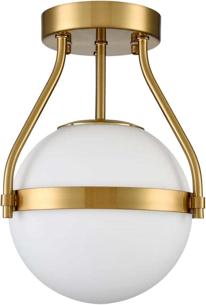 HOLKIRT Modern Light Fixture,Mid Century Semi Flush Mount Ceiling Light,Kitchen Light Fixtures Hallway Light Fixtures Ceiling,Brass Globe Ceiling Light Bedroom with Opal Glass 7Inch/18CM