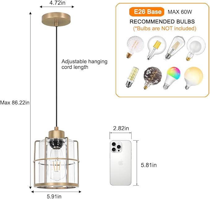 Brass Gold Pendant Light Fixture Set of 2, Modern Pendant Lights Kitchen Island over Sink, Cylinder Bathroom Light Fixture with Clear Glass, Farmhouse Hanging Light Fixture with Adjustable Cord