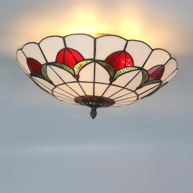 Tiffany Style Ceiling Light 16 Inch Stained Glass Flush Mount Ceiling Light for Bedroom Chandelier Vintage Pendent Light Fixtures (16 Inch White Red)