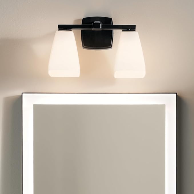 Kichler Marant 2-Light Bathroom Vanity Light Fixture with Opal Glass, 14.25" Modern Wall Sconce in Black for Over Mirror, Powder Room (14.25" W x 9.5" H), 55215BK
