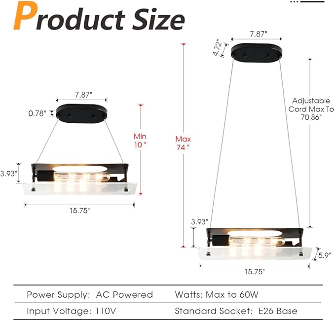 Black Linear Pendant Light, Adjustable Height Modern Chandelier with Glass Shade, Industrial Hanging Lighting Fixture for Kitchen Island, Dining Room, Cafe, Bar, Sink