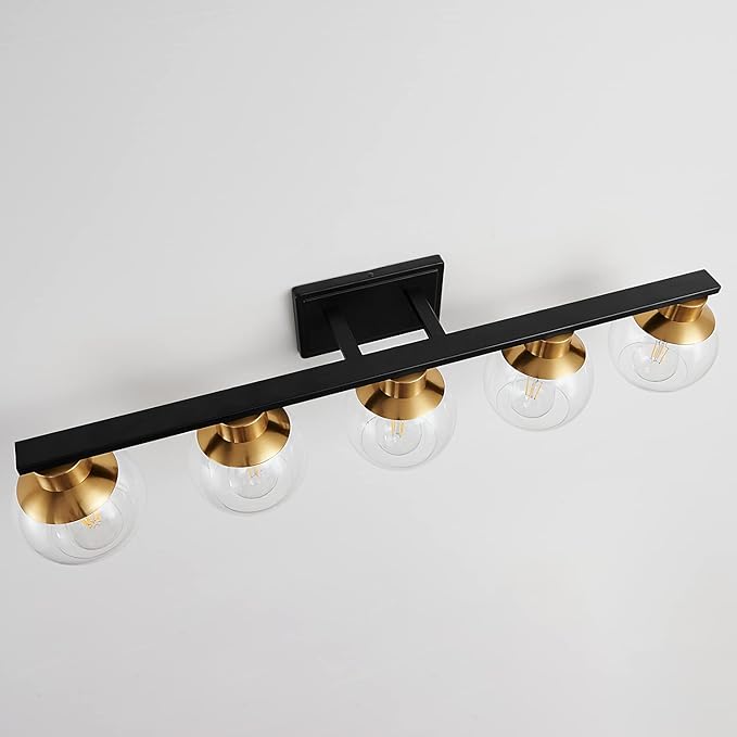 PAZALA Black Gold Bathroom Light Fixtures Over Mirror 5-Lights Vanity Light Wall Sconce with Globe Glass Shade, E26 Base, Perfect for Hallway Picture Wall Lighting Bathroom Bedroom Mirror Living Room