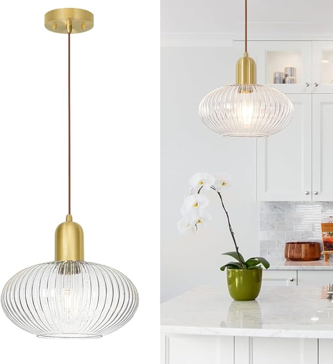 Lxybcce Mid Century Gold Pendant Light, Modern Globe Pendant Lights Kitchen Island, Minimalist Ribbed Island Light with Clear Glass, Adjustable Hanging Light Ceiling Hanging Lamp for Dining Room