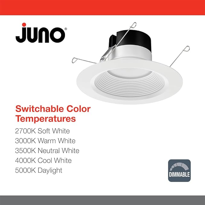 Juno E Series 5"/6" LED Ceiling Light, Baffle Trim Recessed Lighting with 5-in-1 Switchable White Color, 900 Lumens, Wet Rated LED Downlight, Dimmable, White, 12-Pack