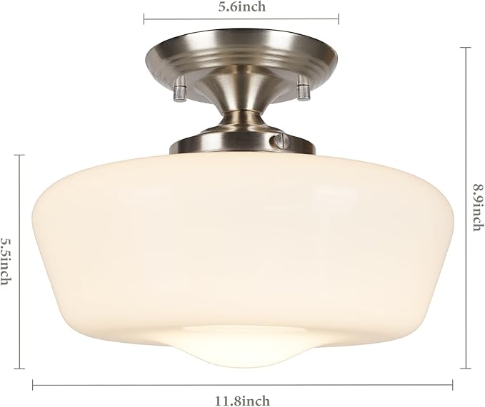 Schoolhouse Style Semi Flush Mount Ceiling Light Fixture, 12" Modern Hallway Ceiling Lamp with Opal Milk Glass Shade Brass, Farmhouse Globe Light for Bedroom Kitchen Hallway Entryway Laundry