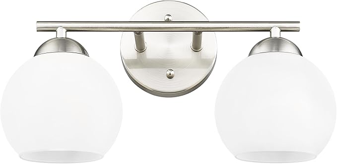 Emak Modern Globe Vanity Lights, Brushed Nickel Bathroom Light Fixtures, 2-Light Bathroom Vanity Light with Milk Glass Shade, VL114-BN-ML-2