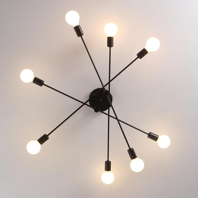 Garwarm Black Ceiling Light Fixture, 8-Lights Semi Flush Mount Ceiling Light, Sputnik Chandelier Industrial Ceiling Lamp for Kitchen Dining Room Bedroom Foyer Entryway Hallway Lighting Fixture