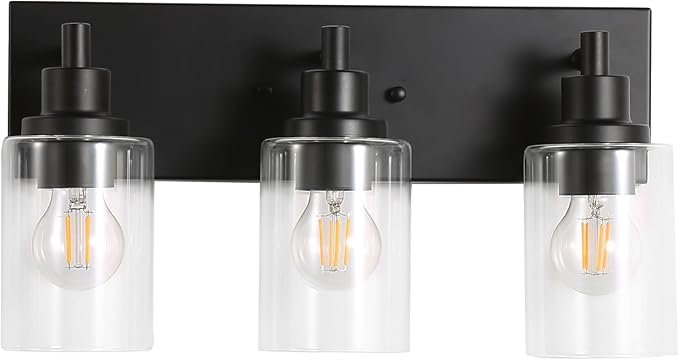LOUSACE 3 Light Bathroom Vanity Light, Matte Black Bathroom Light Fixtures Over Mirror, Modern Bathroom Lighting with Clear Glass Shade, Black Farmhouse Wall Sconces Lighting Fixture for Bedroom