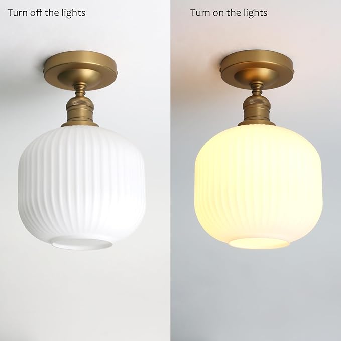 Pathson Vintage Flush Mounted Ceiling Light with Milk White Glass, Brushed Brass Modern Ceiling Lamp Fixture for Farmhouse Hallway Foyer Loft Living Room Bedroom