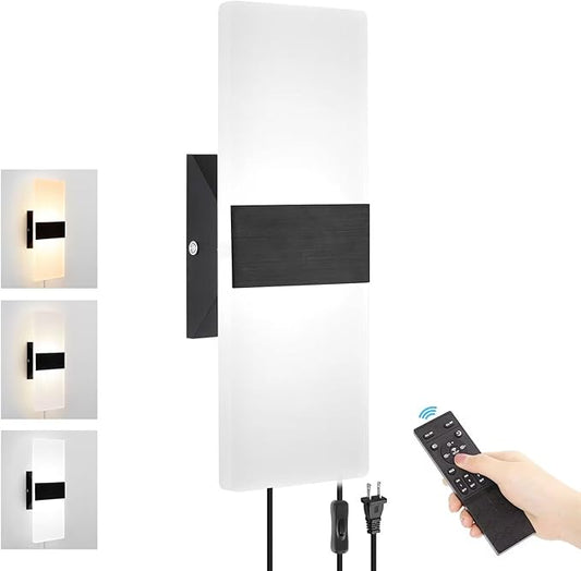 GOODATE Plug in Wall Sconce with Stepless Adjustable 3000K-6500K Colors and 10%-100% Brightness, 12W Acrylic LED Wall Light with Remote, Hardwire or Plug-in (1 Pack, Black)