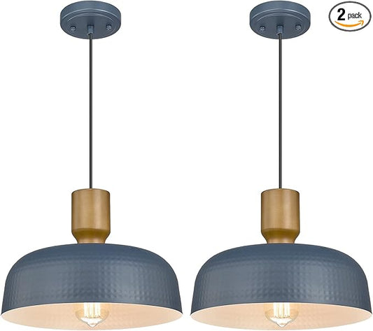 Darkaway Pendant Light Fixtures Ceiling Hanging with Hammered Metal Shade, Modern Pendant Light for Kitchen Island Lighting Hanging Lamp Adjustable Height, Medium 2 Pack