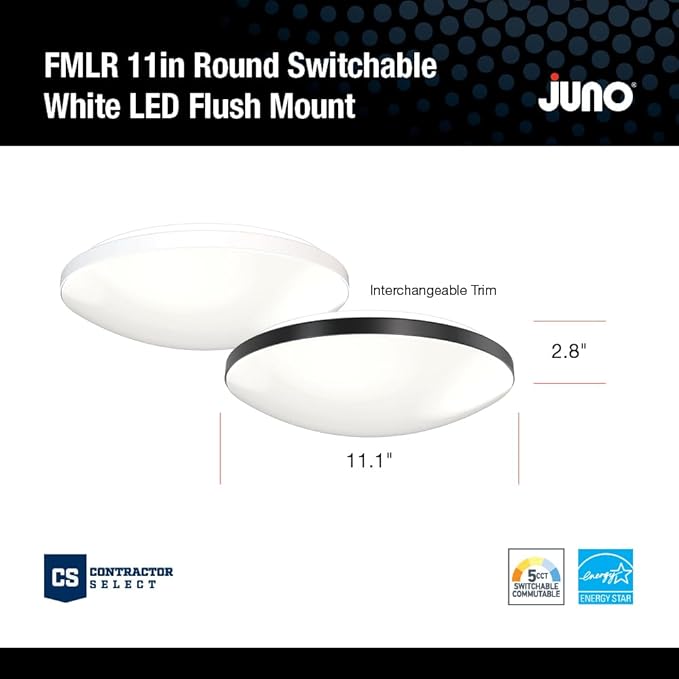 Juno 11 Inch Round LED Flush Mount Ceiling Light, Low Profile Modern Ceiling Light Fixture, Selectable 2700K/3000K/3500K/4000K/5000K Color Temperature, Dimmable, White (FMLR 11IN SWW5 90CRI WBT M4)