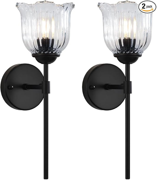 Black Wall Sconces, Farmhouse Wall Lights with Clear Glass Flower Shade, Hardwired Wall Mount Light Fixtures for Living Room, Bathroom, Bedroom, Hallway, 2 Pack