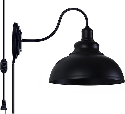 Lightess Dimmable Wall Sconce Plug in, Industrial Farmhouse Sconce with Dimmer On Off Switch, Black Barn Light Gooseneck Light Fixture, OLB11